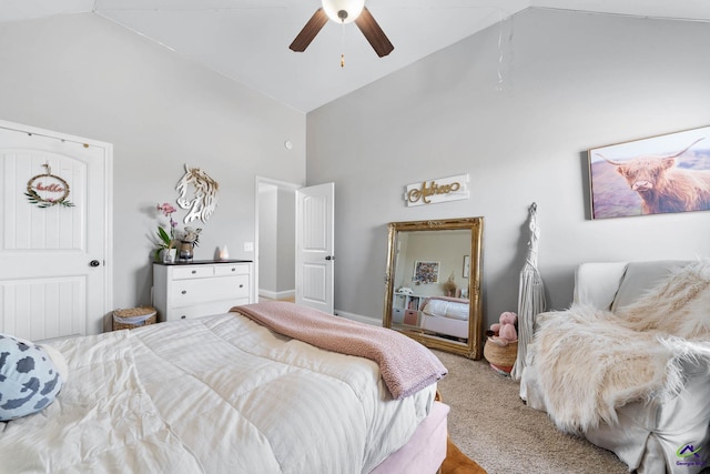 bedroom with high vaulted ceiling, carpet, and a ceiling fan