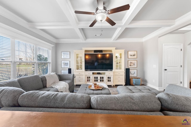 living area with coffered ceiling, beamed ceiling, visible vents, and baseboards