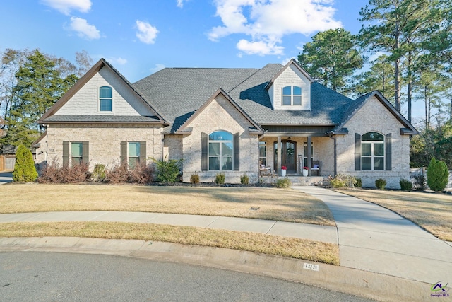 french country inspired facade featuring brick siding, a front yard, and a shingled roof