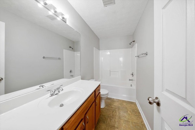 bathroom with shower / bath combination, visible vents, toilet, a textured ceiling, and vanity