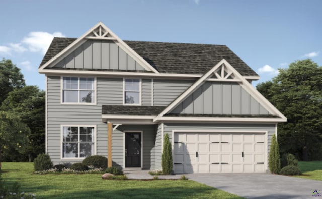 view of front of house with driveway, a shingled roof, board and batten siding, and a front yard