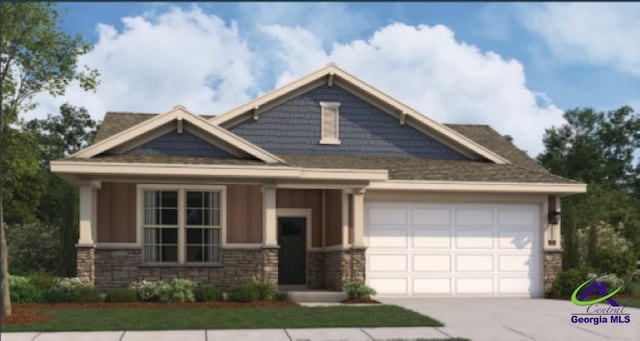 craftsman inspired home featuring driveway, stone siding, and an attached garage