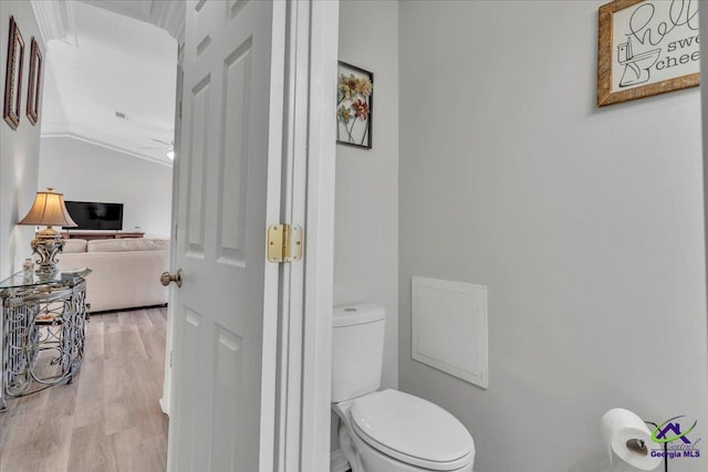 bathroom featuring lofted ceiling, toilet, and wood finished floors