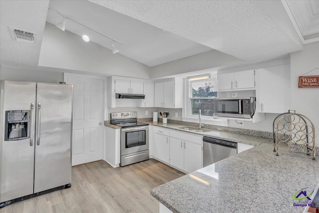 kitchen featuring under cabinet range hood, stainless steel appliances, a sink, visible vents, and light wood-style floors