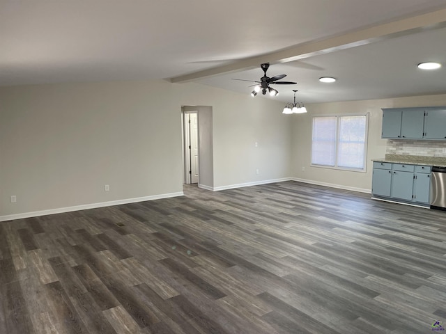 unfurnished living room featuring dark wood-type flooring, vaulted ceiling with beams, baseboards, and ceiling fan with notable chandelier