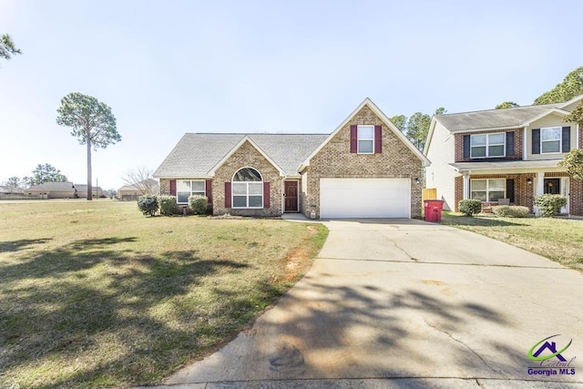 view of front facade with a garage, concrete driveway, brick siding, and a front lawn