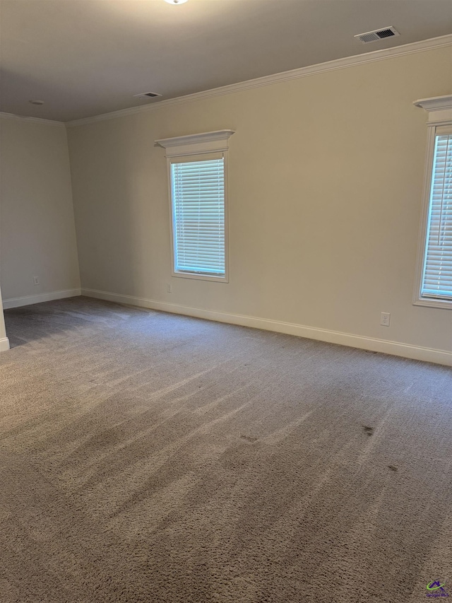 carpeted empty room featuring baseboards, visible vents, and crown molding