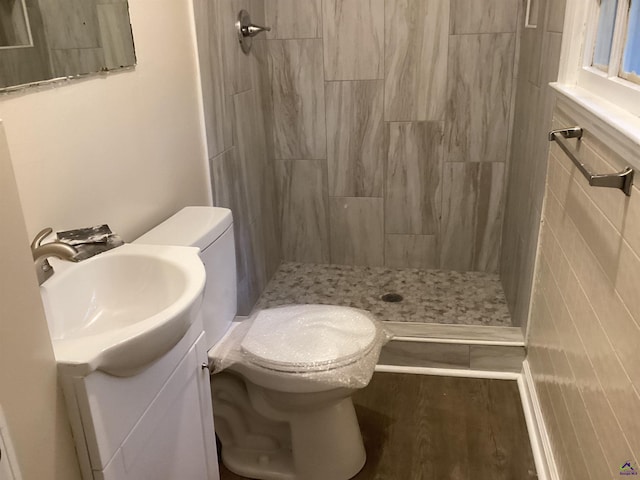 bathroom with a stall shower, vanity, and toilet