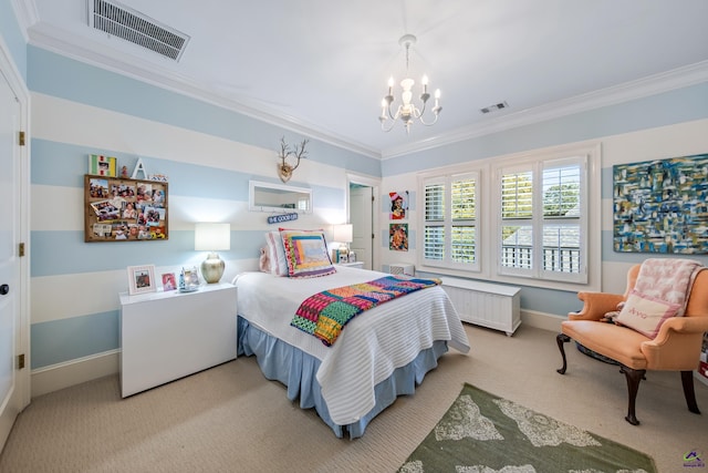 carpeted bedroom with ornamental molding, visible vents, and an inviting chandelier