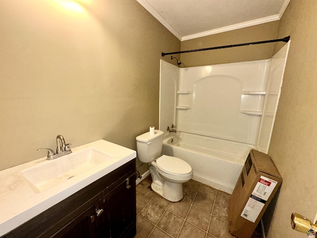 bathroom featuring heating unit, bathtub / shower combination, toilet, ornamental molding, and vanity