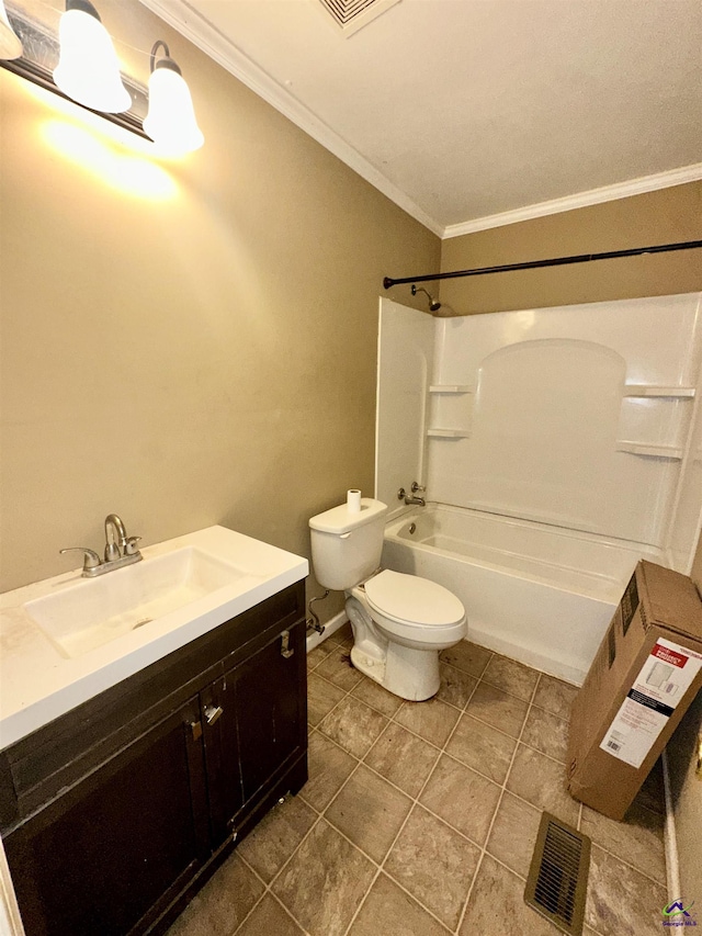 full bathroom with bathing tub / shower combination, visible vents, toilet, ornamental molding, and vanity