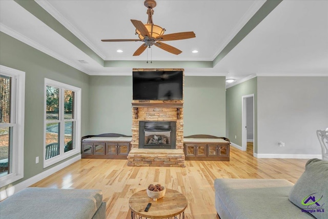 living room featuring a tray ceiling, a stone fireplace, baseboards, and wood finished floors