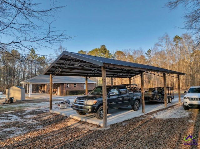 view of parking featuring a storage unit