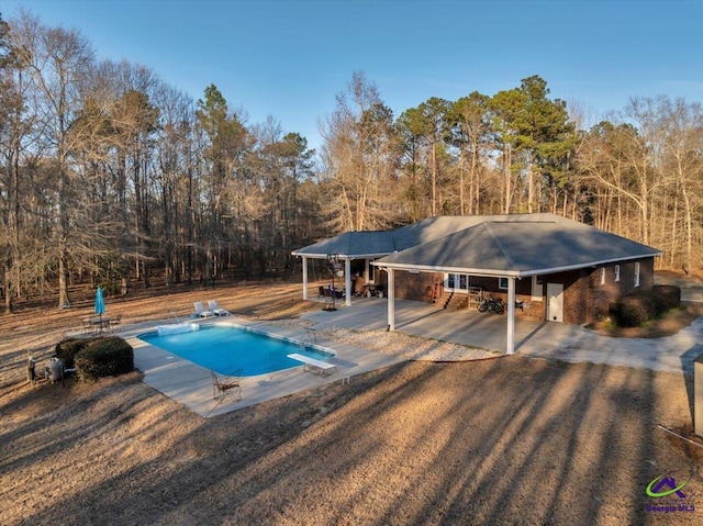 outdoor pool with a patio area and a diving board