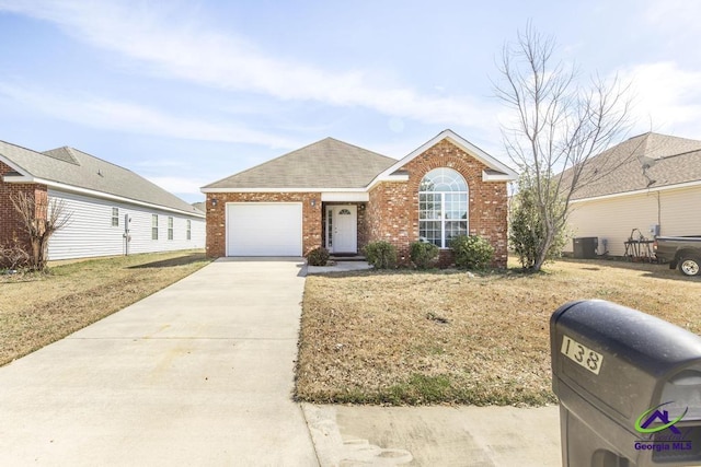 ranch-style house featuring a garage, concrete driveway, brick siding, and a shingled roof