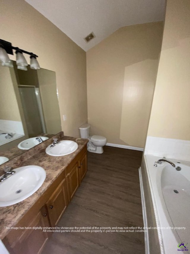 bathroom with lofted ceiling, wood finished floors, and a sink