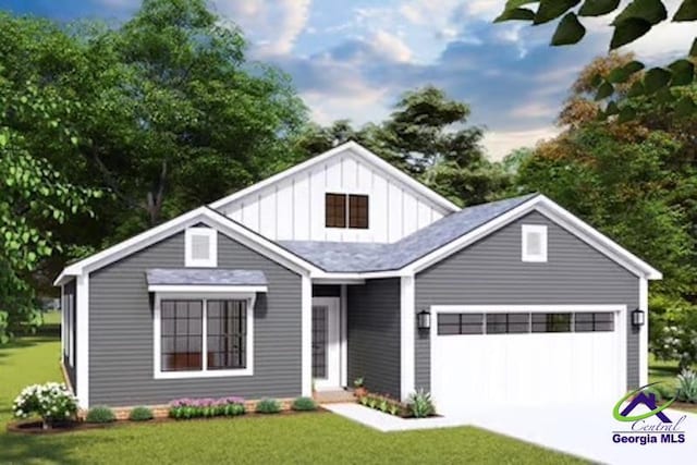 view of front of home featuring board and batten siding, a front yard, concrete driveway, and a garage