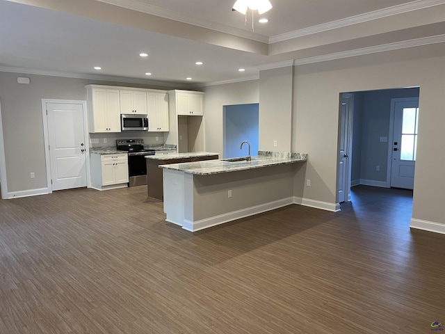 kitchen with baseboards, a peninsula, stainless steel appliances, white cabinetry, and a sink