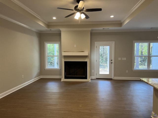 unfurnished living room featuring dark wood-style floors, a raised ceiling, and baseboards