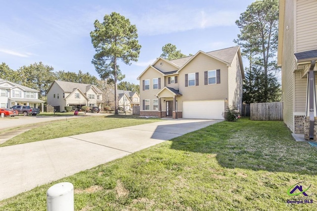 traditional home featuring driveway, a garage, a residential view, fence, and a front yard