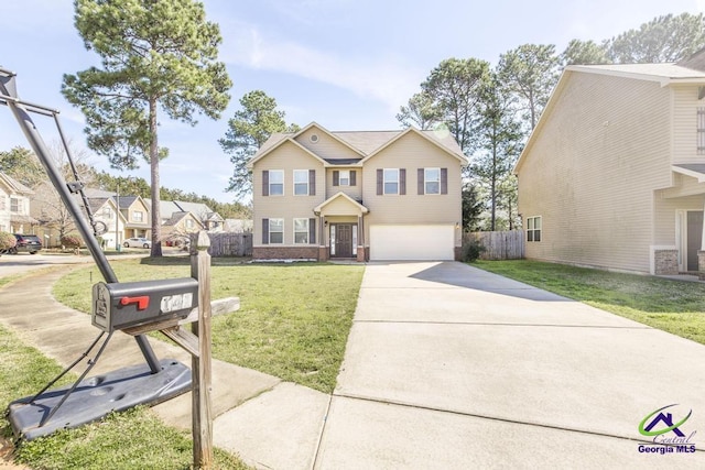 traditional-style house with brick siding, concrete driveway, an attached garage, a front yard, and fence