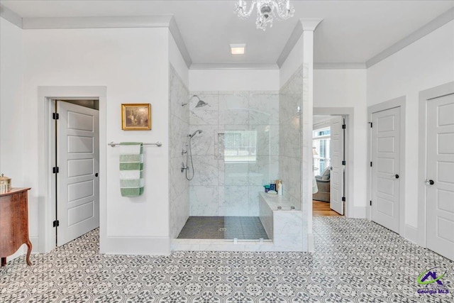 full bathroom with ornamental molding, a notable chandelier, baseboards, and walk in shower