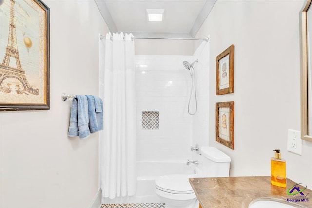 bathroom featuring tile patterned floors, vanity, toilet, and shower / bathtub combination with curtain