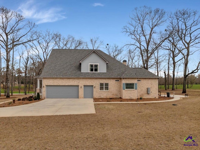 view of front of property featuring a shingled roof, concrete driveway, brick siding, and a garage