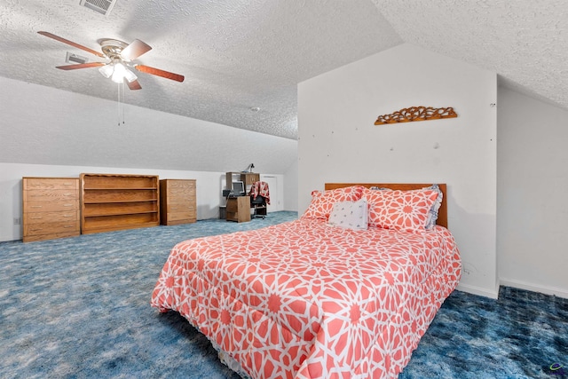 bedroom with lofted ceiling, baseboards, a ceiling fan, and carpet flooring