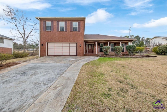 view of front facade featuring a porch, a garage, brick siding, driveway, and a front yard