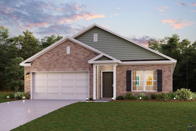 view of front of property featuring driveway, an attached garage, a lawn, and brick siding