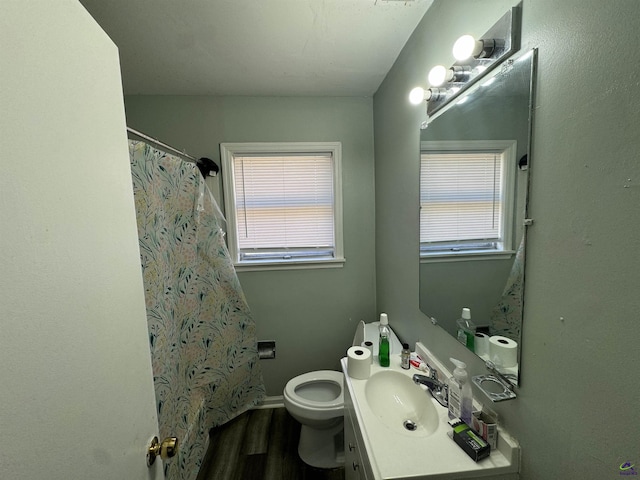 bathroom with toilet, wood finished floors, vanity, and a shower with curtain