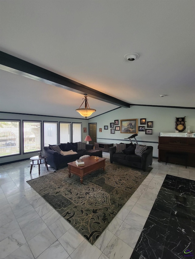 living room featuring marble finish floor and vaulted ceiling with beams