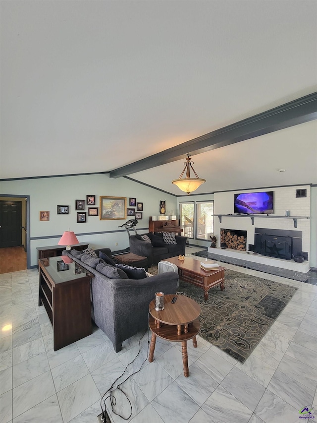 living area featuring vaulted ceiling with beams, marble finish floor, and a fireplace with raised hearth