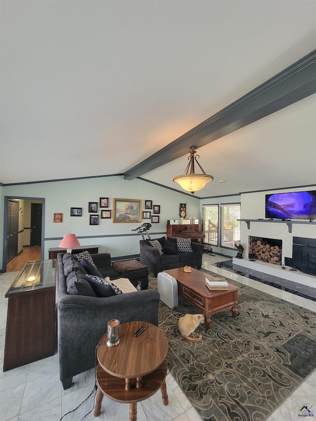 living room featuring a fireplace with raised hearth and lofted ceiling with beams