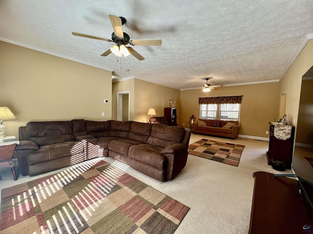 living room with a textured ceiling, carpet floors, baseboards, and crown molding