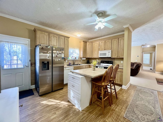 kitchen with light wood finished floors, light countertops, white appliances, and a sink