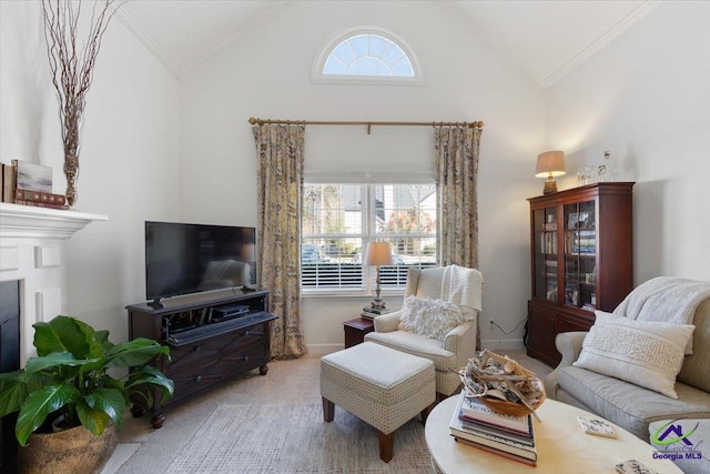 living room with high vaulted ceiling, a fireplace, plenty of natural light, and carpet flooring