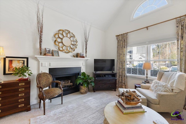 living area with a healthy amount of sunlight, a fireplace, high vaulted ceiling, and carpet flooring