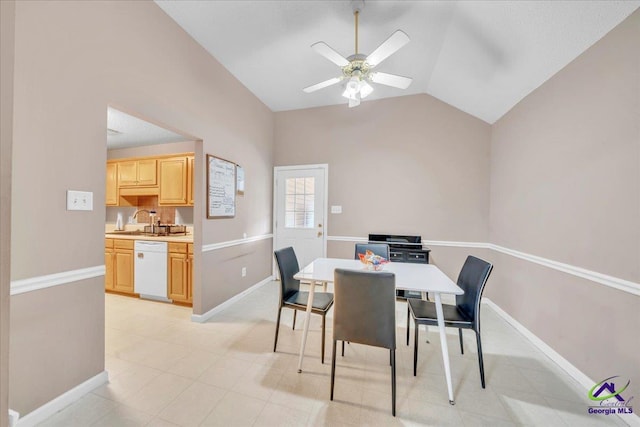 210 Cumberland Woods Ter, Warner Robins, GA 31088 - dining space with vaulted ceiling, a ceiling fan, and baseboards