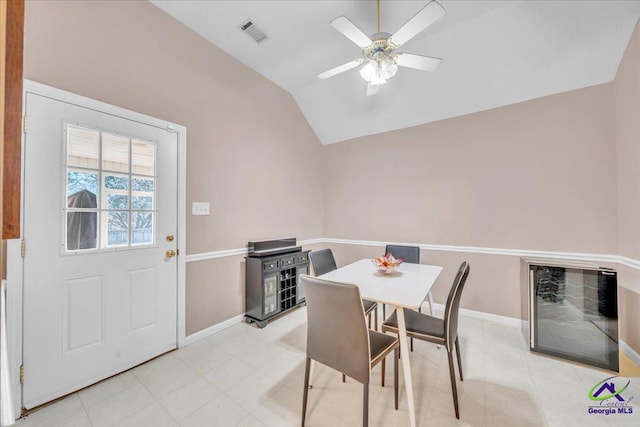 210 Cumberland Woods Ter, Warner Robins, GA 31088 - dining room featuring a ceiling fan, visible vents, vaulted ceiling, and baseboards