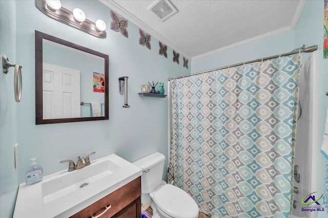210 Cumberland Woods Ter, Warner Robins, GA 31088 - bathroom featuring visible vents, toilet, ornamental molding, a textured ceiling, and vanity