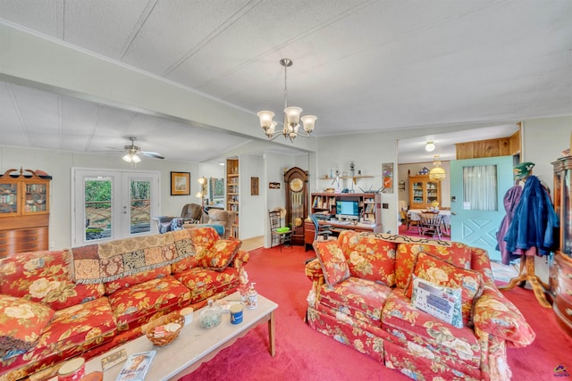 living room featuring carpet, french doors, a textured ceiling, and ceiling fan with notable chandelier