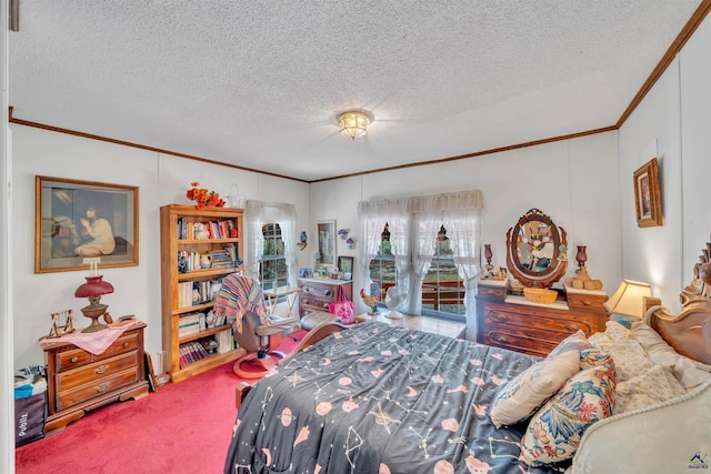 bedroom with a textured ceiling, carpet, and crown molding