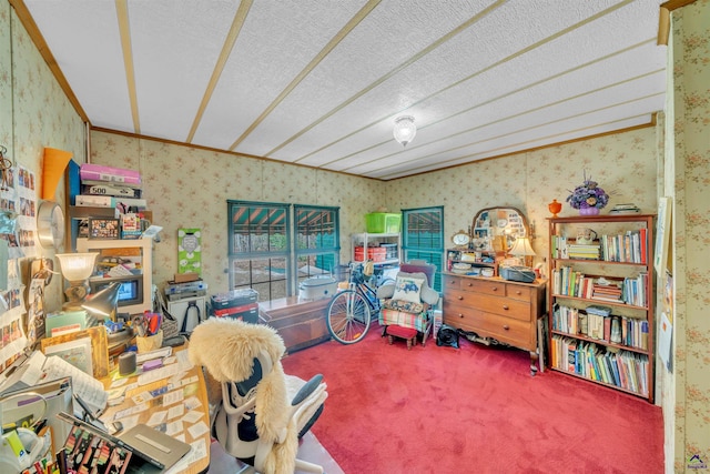 miscellaneous room with carpet flooring, crown molding, a textured ceiling, and wallpapered walls