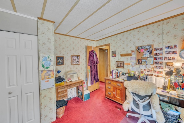 carpeted office featuring a textured ceiling, crown molding, visible vents, and wallpapered walls