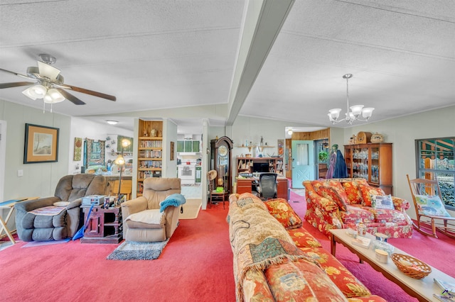 living area with vaulted ceiling with beams, carpet, a textured ceiling, and ceiling fan with notable chandelier