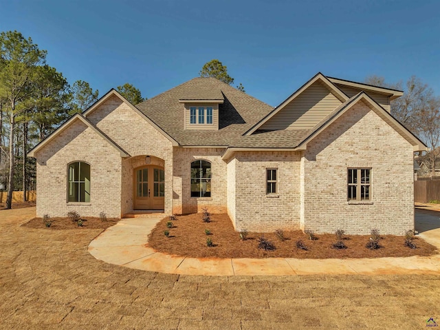 view of front of home with french doors, a shingled roof, and brick siding