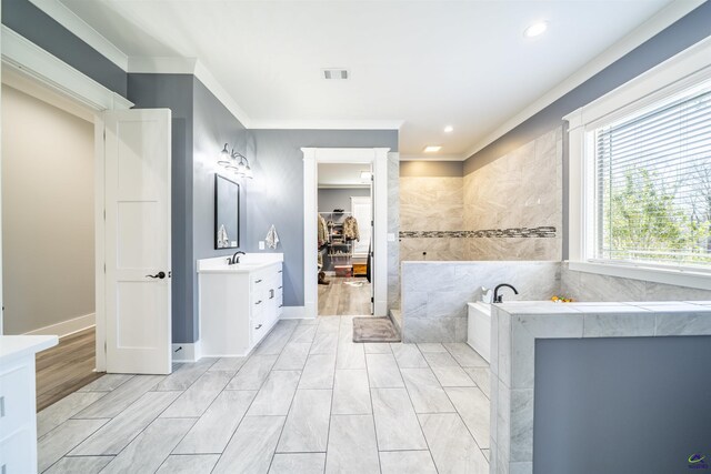 bathroom featuring a garden tub, vanity, baseboards, a spacious closet, and ornamental molding