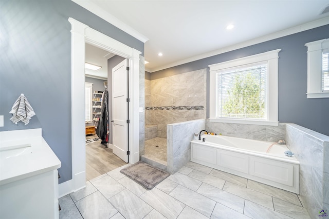 full bath featuring visible vents, vanity, a spacious closet, tiled shower, and a bath